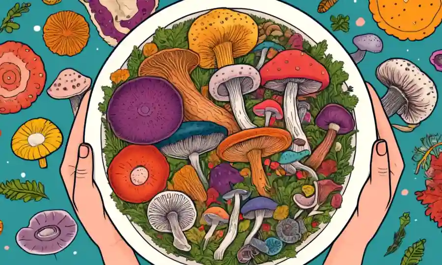 Las manos sostienen un plato de hongos, rodeado de ilustraciones coloridas del sistema digestivo y microbios de tripa felices.
