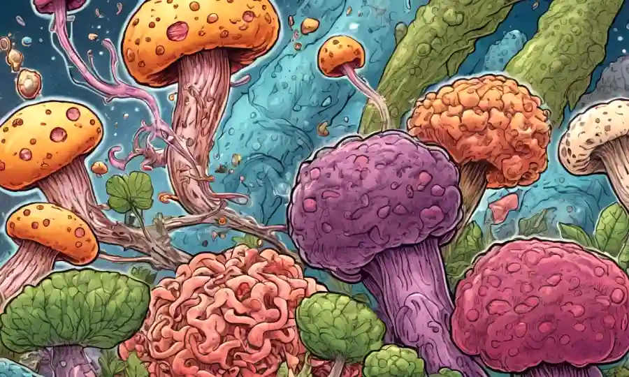 Una ilustración del microbioma intestinal humano con hongos y bacterias beneficiosas en armonía.
