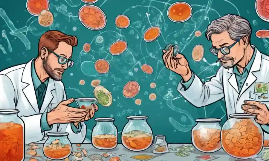 Científicos que examinan platos petri con culturas hongos