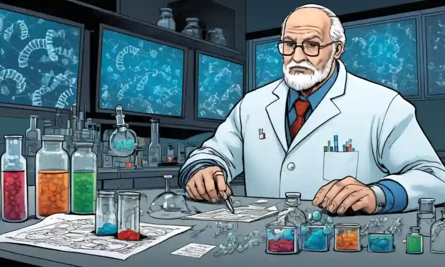Científico en un banco de laboratorio con muestras de ADN y ecuaciones, rodeado de imágenes microscópicas.