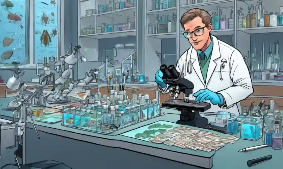 Científico estudiando muestras de ADN en un banco de laboratorio con diapositivas de microscopio e ilustraciones de especies.