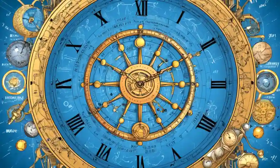 Mecanismo de reloj molecular rodeado de fórmulas científicas y diagramas evolutivos en un fondo azul.