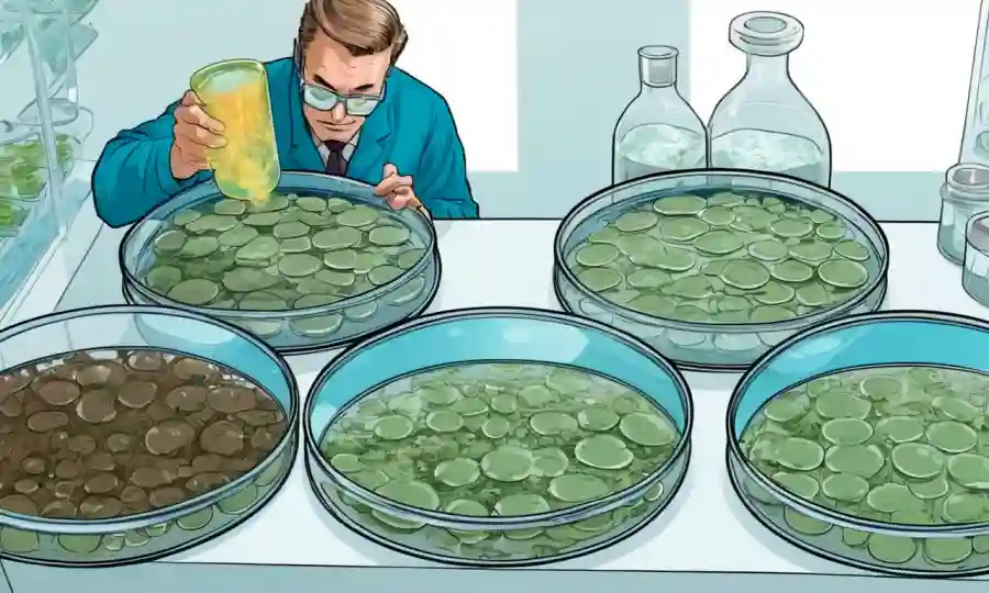 Científico que examina el crecimiento de hongos en los platos Petri con niveles de humedad representados por niveles de humedad variables.