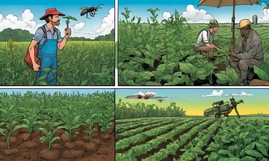 Observación de campo: cultivos, plagas y hongos en diferentes condiciones húmedas.