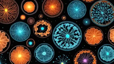 colonias de hongos microscópicos iluminadas por diversas fuentes de luz bajo un plato de petri.