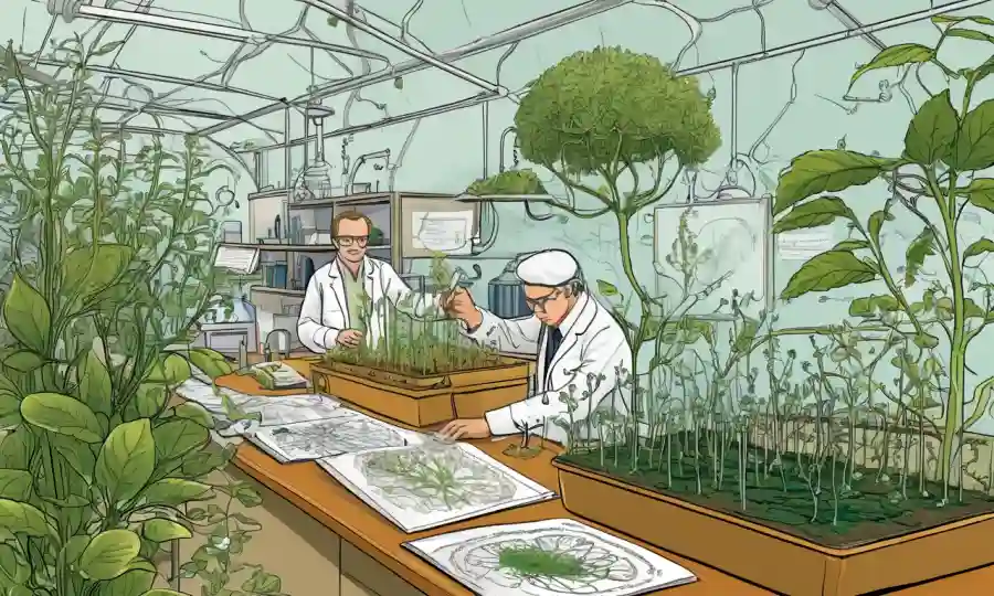 Científicos que estudian estructuras vegetales en un ecosistema, con diagramas conceptuales y gráficos.