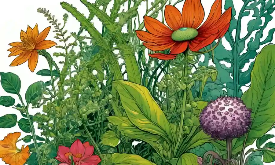 Una ilustración botánica que muestra las formas y formas de plantas interactuando con organismos simbióticos.