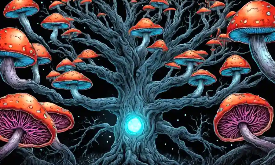 Un escaneo cerebral o representación simbólica del árbol fusionado con hongos brillantes místicos para la curación psicodélica.