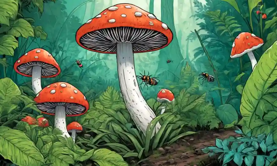 Fungi creciendo en medio del exuberante follaje, con plantas e insectos prosperando en su presencia.