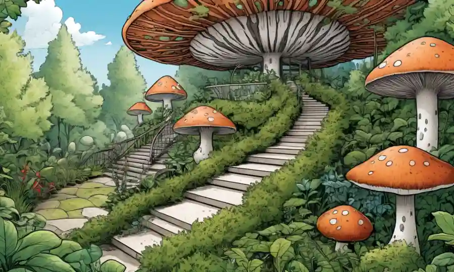Diseño de jardín que incorpora arquitectura inspirado en hongos en medio de vegetación y texturas naturales.