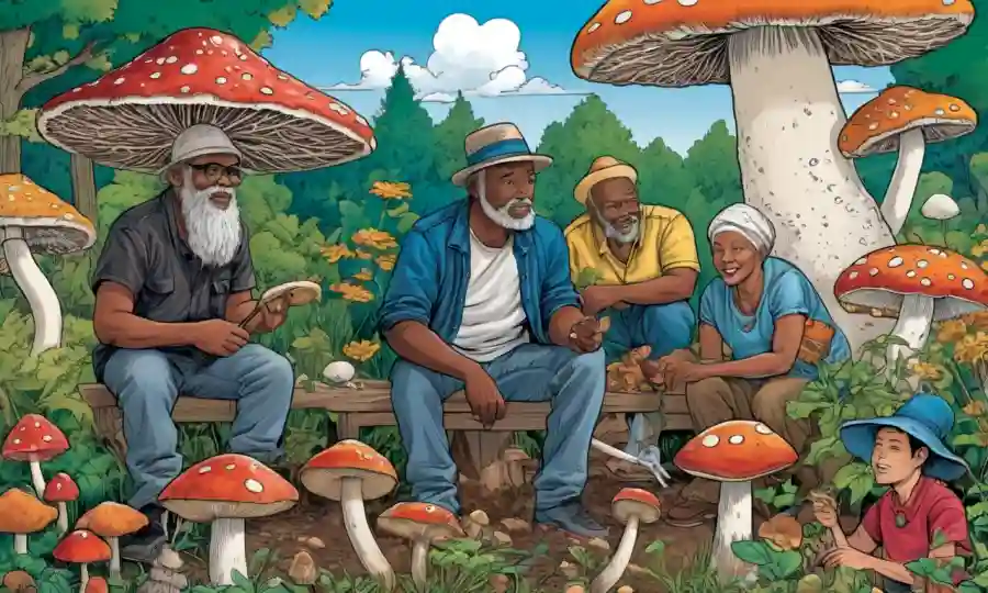 Un grupo diverso de personas de diferentes culturas y edades cultivando hongos en un jardín con diseños únicos y artísticos.
