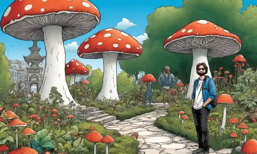 Artista de pie en medio de un jardín de escultura con instalaciones inspiradas en hongos.