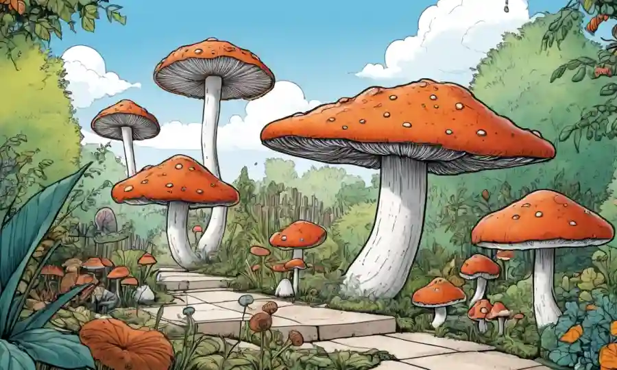 Diversas especies de hongos creciendo entre modernas decoraciones de jardín y arquitectura.