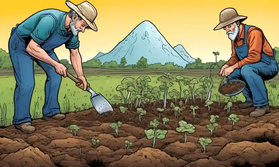 Los agricultores que examinan el crecimiento de hongos en el suelo con prácticas sostenibles.