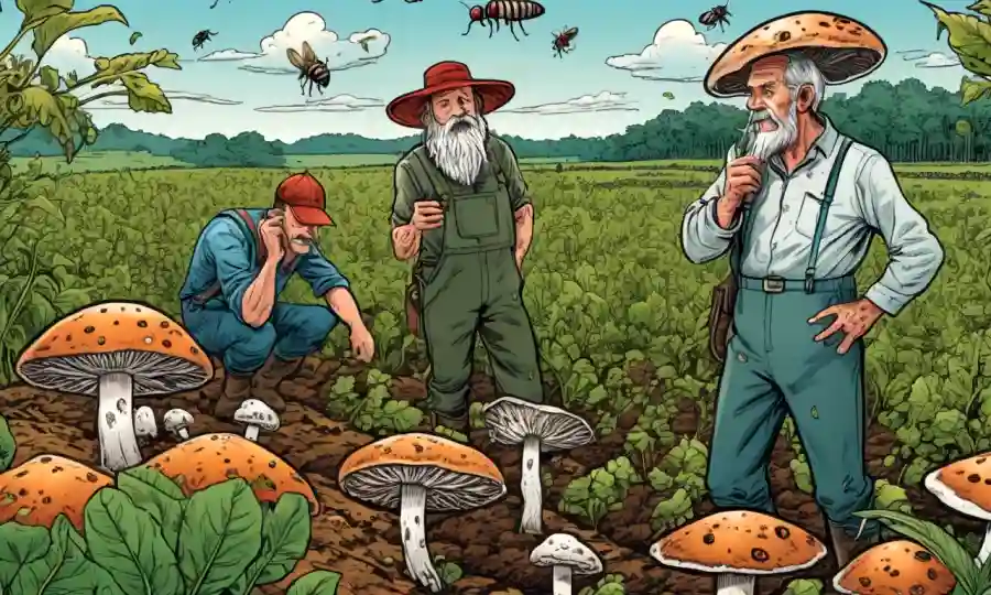 Los agricultores que observan hongos creciendo entre cultivos, con insectos y microorganismos.