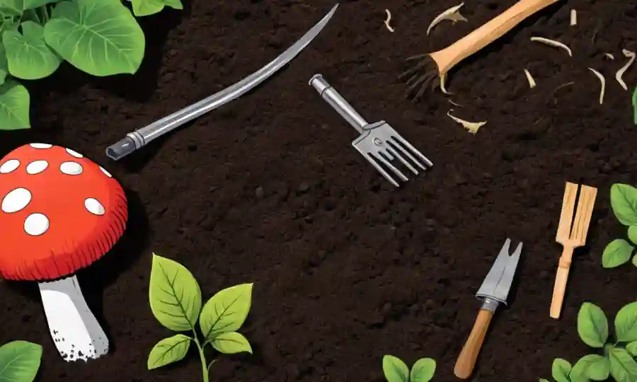 Un hongo creciendo en el suelo cerca de plantas verdes exuberantes, con herramientas de granja y diagramas científicos en el fondo.