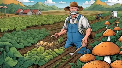 Imagen de un agricultor rodeado de cultivos y gráficos basados en hongos que muestran efectos beneficiosos en la agricultura.