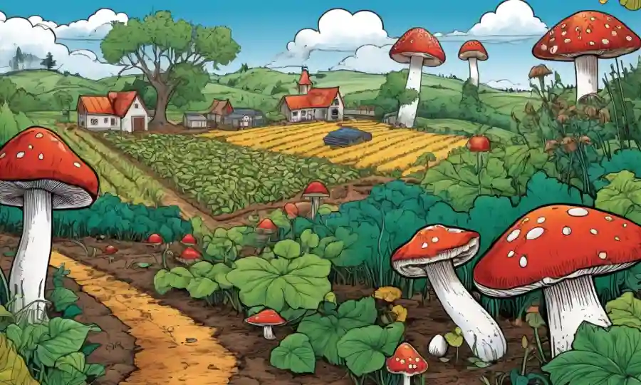 Un paisaje agrícola con hongos creciendo en medio de cultivos, rodeado de gráficos y diagramas.