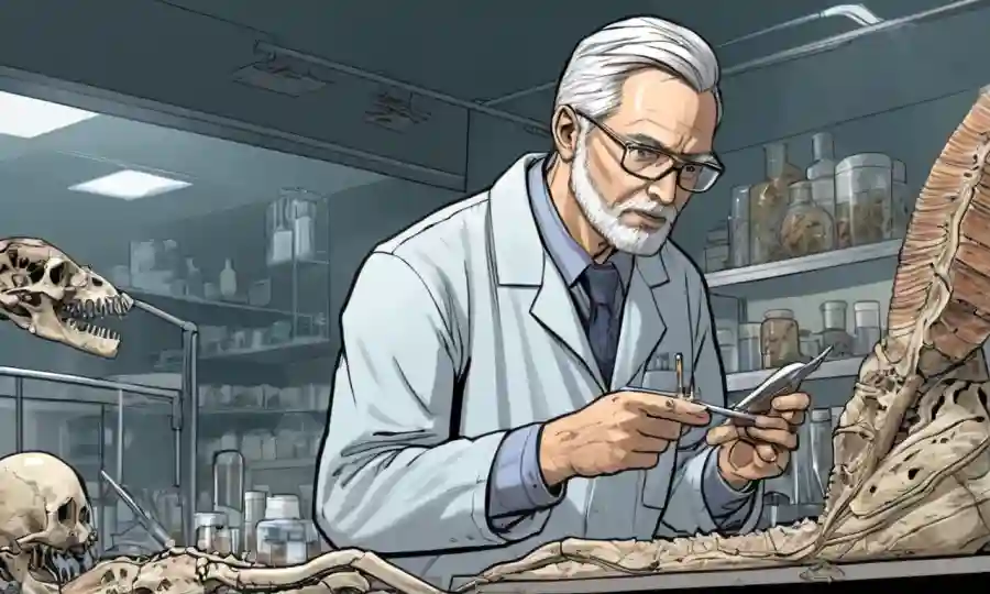 Científico examinando especímenes fósiles en un laboratorio con partes corporales conservadas y diseccionadas.