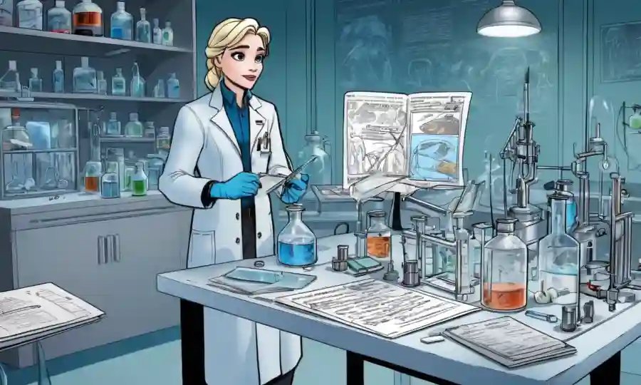 Espécimen científico congelado en un laboratorio rodeado de equipos de conservación y notas.