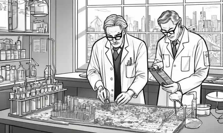 Científicos analizando muestras de suelo en un laboratorio con gráficos y gráficos.