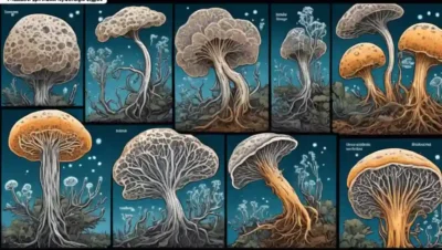 Imagen del microscopio mostrando hifae fúngica en diferentes etapas
