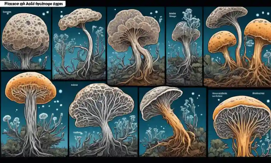 Imagen del microscopio mostrando hifae fúngica en diferentes etapas