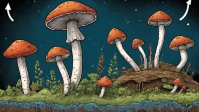 Crecimiento microscópico de hongos en diferentes sustratos resaltados por flechas y diagramas que rodean.