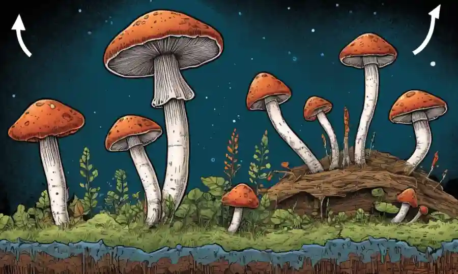 Crecimiento microscópico de hongos en diferentes sustratos resaltados por flechas y diagramas que rodean.