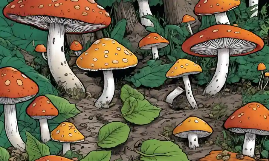 Ilustración de hongos creciendo en diversos sustratos con flechas mostrando el impacto del sustrato en su fisiología.