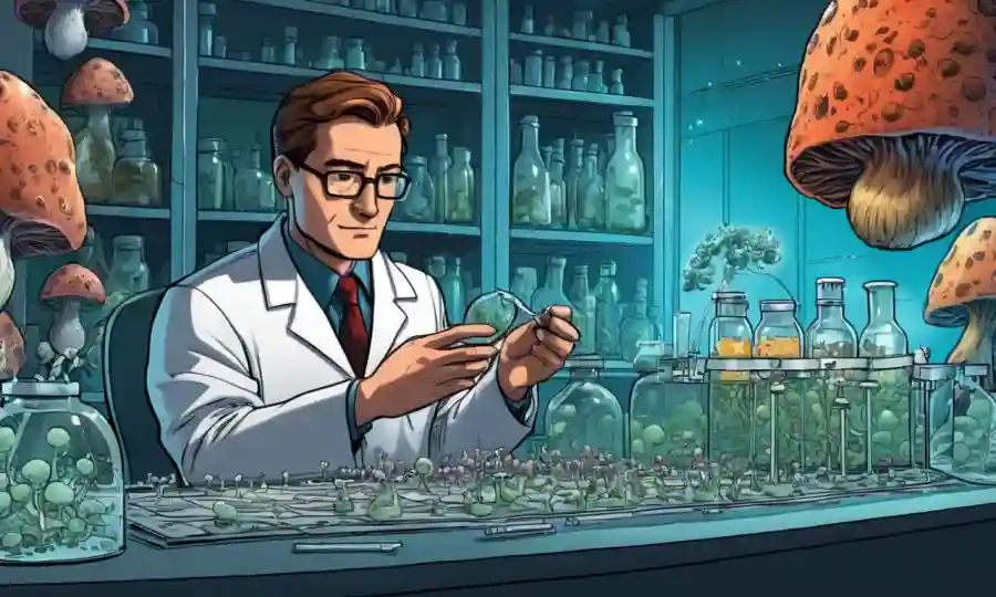Científico analizando muestras de ADN en un laboratorio, rodeado de culturas fúngicas.