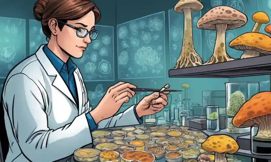 Científico que estudia las culturas de los platillos petri de diferentes especies de hongos bajo microscopía.