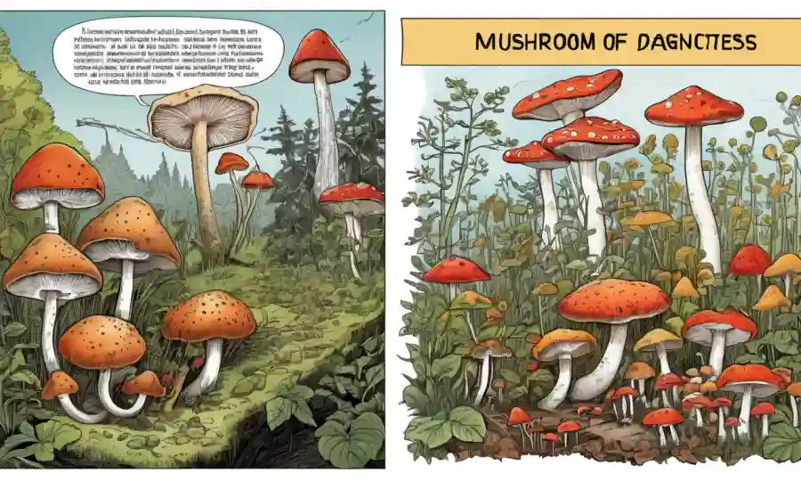 Ilustraciones científicas de especies de hongos a la izquierda y diagramas de influencia genética en la producción de biomasa a la derecha.