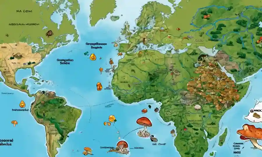 Mapa que muestra el efecto de las influencias geográficas en el crecimiento de los hongos medicinales.