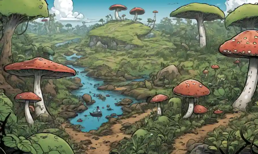Myconauts fungi creciendo en diversas ubicaciones geográficas en medio de interacciones ecológicas visuales.