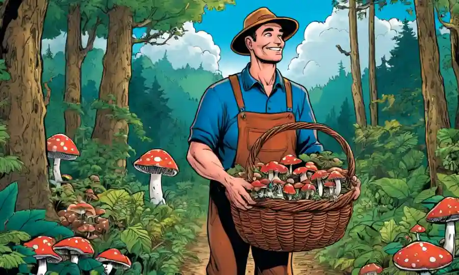 Un agricultor con una canasta de varios hongos en un frondoso fondo forestal.