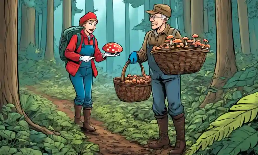 Persona que lleva guantes y canasta para recoger hongos en un bosque.