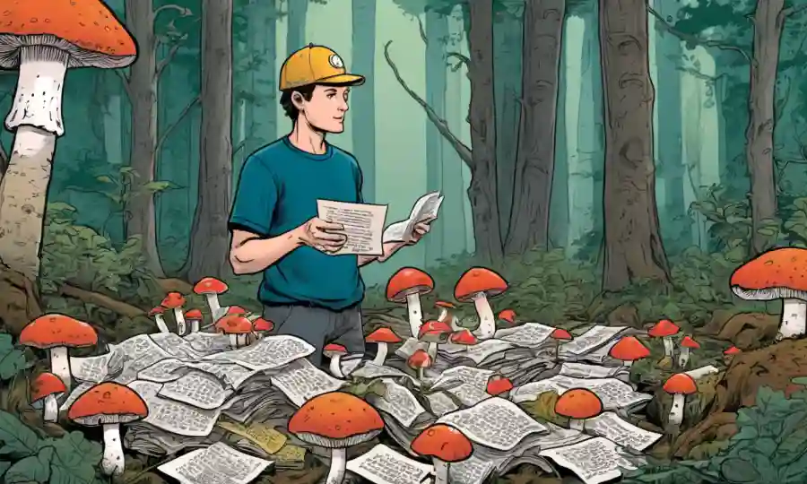 Una persona en un bosque con hongos, rodeada de notas y guías.