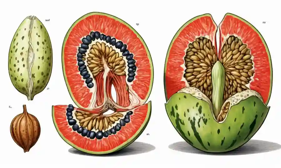 Frutas o semillas pod disecado para revelar estructuras internas en un fondo blanco.