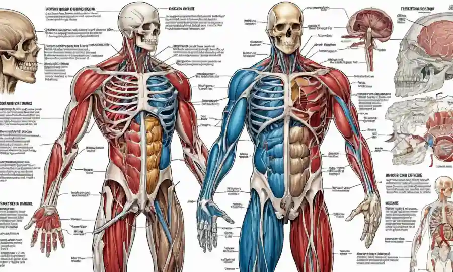 Diagramas complejos que ilustran la anatomía de los cuerpos humanos, con etiquetas en un contexto científico.