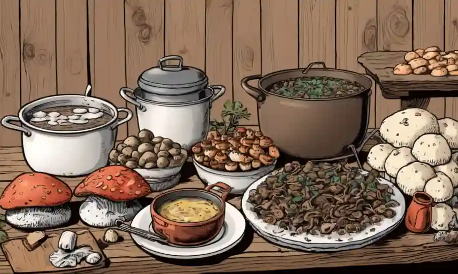Una extensión de hongos diversos acompañados por consejos tradicionales de cocina en un fondo rústico.