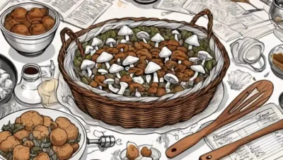 Una cesta con hongos rodeados de utensilios de cocina y recetas tradicionales en una página de libro de cocina.