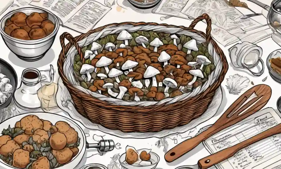 Una cesta con hongos rodeados de utensilios de cocina y recetas tradicionales en una página de libro de cocina.
