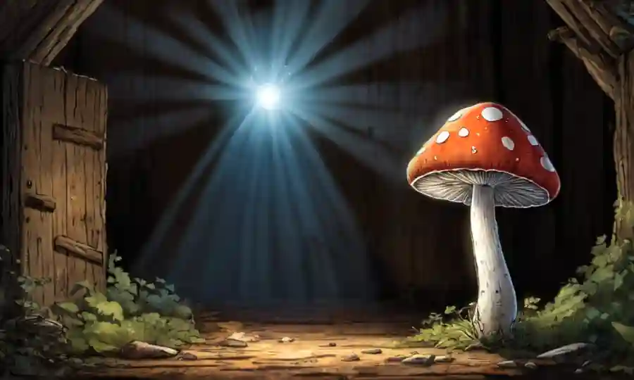 Persona sosteniendo hasta la luz un hongo brillante con un fondo rústico.