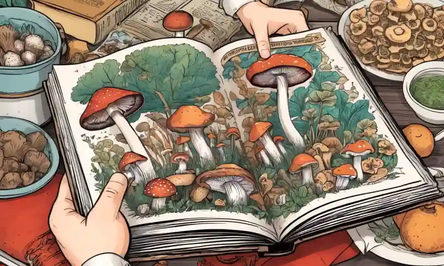 Las manos sostienen varios tipos de hongos con un fondo de libro de cocina.
