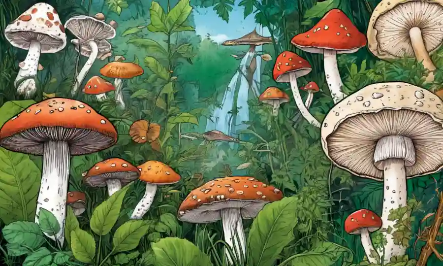 Imágenes de hongos en medio de vegetación