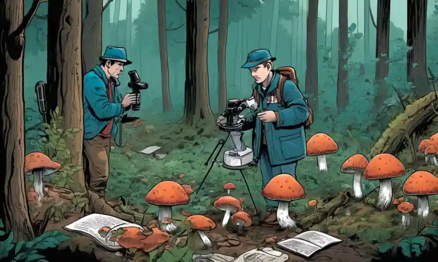 Los miembros de la comunidad recolectan hongos en un bosque con microscopios y notas de investigación.