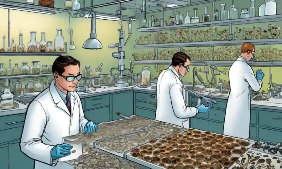 Investigadores que observan diversos tipos de hongos en entornos de laboratorio.