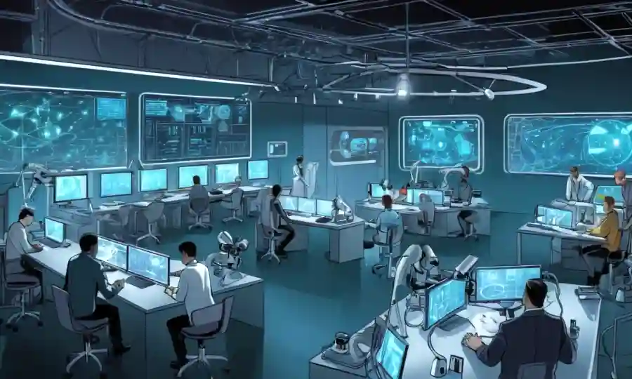 Grupo de personas que trabajan juntas en mesas de laboratorio futuristas rodeadas de pantallas de datos y microscopios.