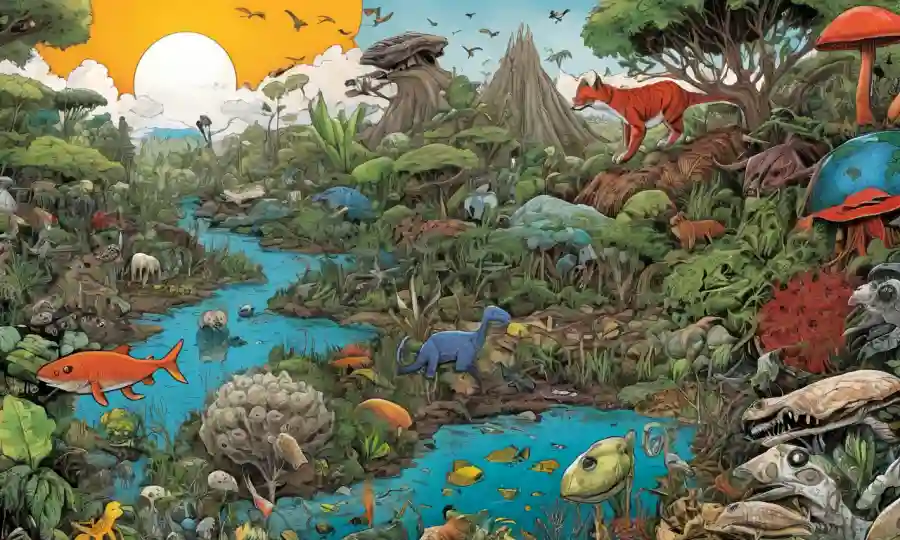 Collage of diverse ecosystems with symbiotic relations highlighted under the threat of global initiatives.